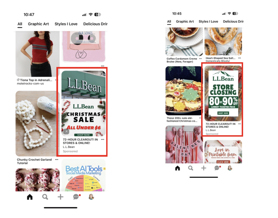 Screenshots of a Pinterest account with an ad posing as the L.L.Bean brand.
